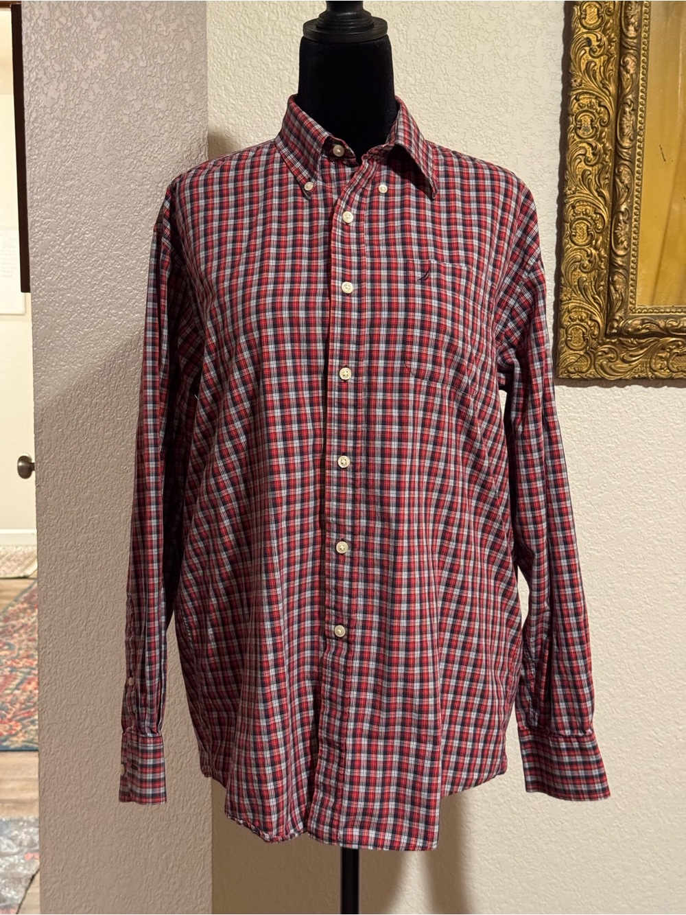 Nautica Red and Blue Plaid Button-Down Shirt
